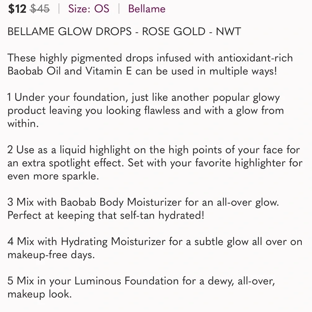 BELLAME GLOW DROPS - ROSE GOLD- NEW - Picture 7 of 10